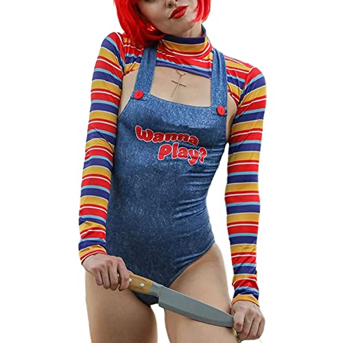 WERNZATT Damen Halloween Gruselige Killerpuppe Kostüm Gruselige Neuheit Cosplay Party Kleidung Halloween Chucky Puppe Anzug Verkleidung Outfit (A Blau, L) von WERNZATT