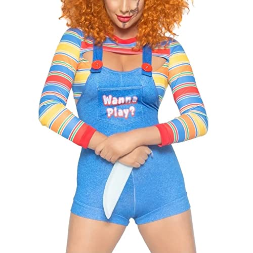 WERNZATT Damen Halloween Gruselige Killerpuppe Kostüm Gruselige Neuheit Cosplay Party Kleidung Halloween Chucky Puppe Anzug Verkleidung Outfit (F Blau, S) von WERNZATT