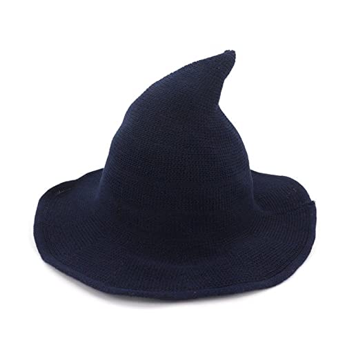 WERNZATT Damen Halloween Hexenhut Totenkopf Druck Gestrickt Breite Krempe Faltbare Spitze Kappe Cosplay Party Kostüm Zubehör (A-Baumwollgarn Marineblau, Einheitsgröße) von WERNZATT