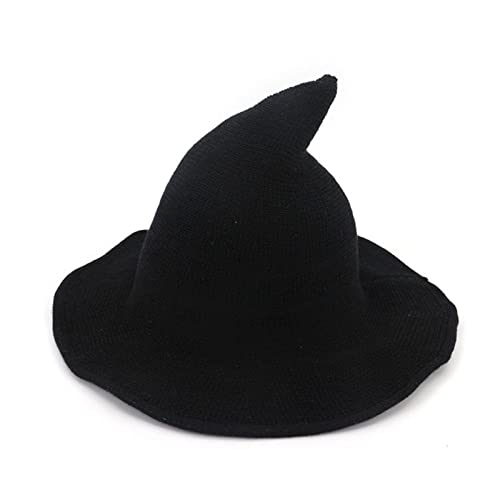 WERNZATT Damen Halloween Hexenhut Totenkopf Druck Gestrickte Breite Krempe Faltbare Spitze Kappe Cosplay Party Kostüm Zubehör (A-Baumwollgarn Schwarz, Einheitsgröße) von WERNZATT