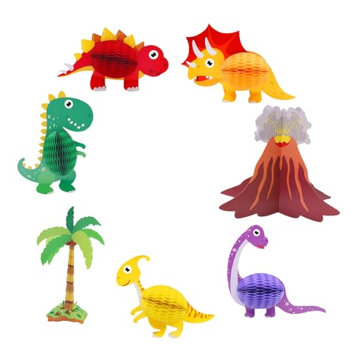 WESIEVYA 7 Stück Dinosaurier Waben Ornament Party Papierblumen Geburtstags Tischdekoration Geburtstags Papier Pompons Party Waben Ornament Dinosaurier Tischaufsatz Schilder von WESIEVYA