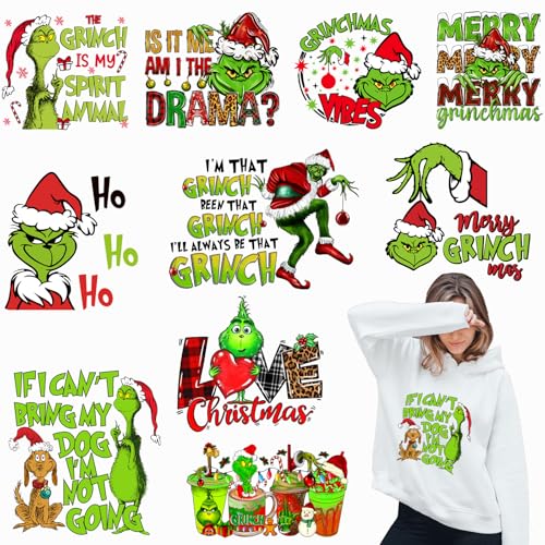 10 Blatt Grinchs Weihnachten Bügelbilder für T-Shirts, Weihnachten Wärmetransfers Vinyl, Weihnachten Bügelbilder für Kleidung Tasche Kissenbezüge DIY Dekorationen von WEUOPG