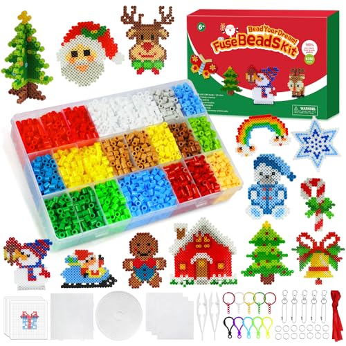 WEVOL 6350 Stück Bügelperlen Set, Steckperlen Weihnachten 5mm 20 Farben mit Bügelperlen Platten, Sortierbox 25 Muster 3 Bügelpapier Schlüsselanhänger und Zubehör für Kinder Basteln Handwerk Geschenk von WEVOL