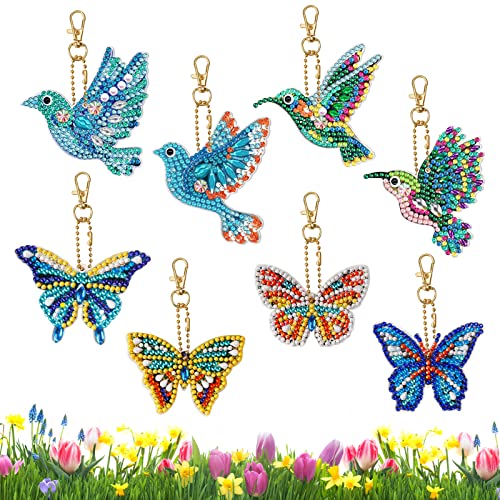 WEVOL Diamond Painting Schlüsselanhänger, 8 Stück 5D Diamant Painting Anhänger DIY Doppelseitiges Diamant Schmetterling und Vögel, Diamond Painting Keychain für Erwachsene Kinder Kunsthandwerk Deko von WEVOL