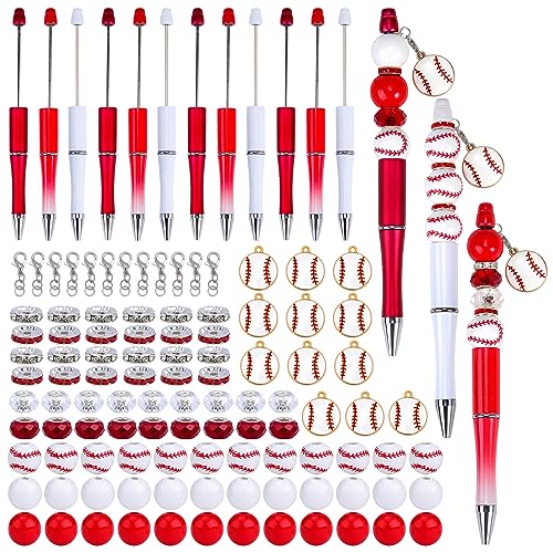 WEWAYSMILE 12 Stück Perlenstifte Zum Selbermachen Verschiedene Perlenstifte Holzperlen Kristall Abstandsperlen Schwarze Tinte DIY Kugelschreiber Set Baseball Anhänger Für Bürobedarf Geschenkbasteln von WEWAYSMILE