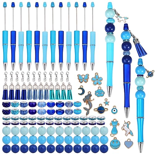 WEWAYSMILE 12 Set Perlenstifte Aus Kunststoff Verschiedene Perlenstifte Holzperlen Kristall Abstandsperlen Kugelschreiber DIY Perlenstift Set Für Frauen Geschenke Schul Und Bürobedarf (Blau) von WEWAYSMILE