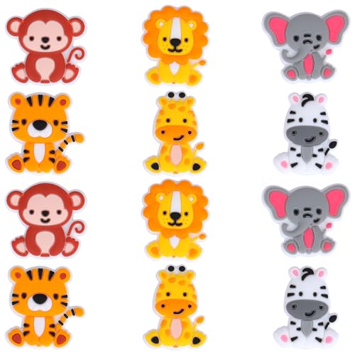 WEWAYSMILE 12 Teiliges Silikonperlen-Set, Tierische Silikonperlen, Silikonperlen Zum Basteln, Tiger Löwe Zebra Affe Elefant Giraffe Für Stifte Lanyard Schlüsselanhänger Herstellung Zubehör von WEWAYSMILE