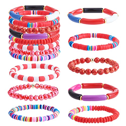 WEWAYSMILE 8 bunte Boho Stapelbare Adrette Armbänder, Glasperlen-Armbänder, Perlen-Stretch-Armbänder-Set, Handgelenkschmuck Für Frauen, Rot von WEWAYSMILE