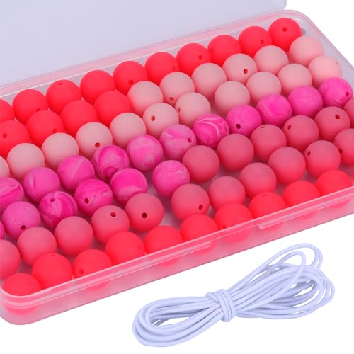 WEWAYSMILE 80 Stück 15 mm Silikonperlen, Große Runde Silikonperlen, Mit 2 Meter Elastischem Perlenseil Für Armbänder, Schlüsselanhänger, Schlüsselbänder, Schmuck, Basteln (Rosa) von WEWAYSMILE