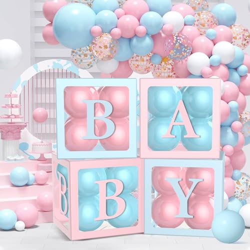 46 Stück Babyparty Dekoration mit Luftballons und Buchstaben–Enthalten 34 Rosa, blaue Luftballons, 4 Schachteln, 8 Buchstaben BABY*2, Gender Reveal Party Deko, Baby Boxen Deko für Junge Mädchen von WEYREK