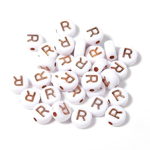 WEstux 100er Stück/Pack Acryl flache runde Buchstabenperlen mit weißem Hintergrund, Roségold einzelne Buchstabenperlen, DIY Wort Schmuck Armband Geschenk R von WEstux