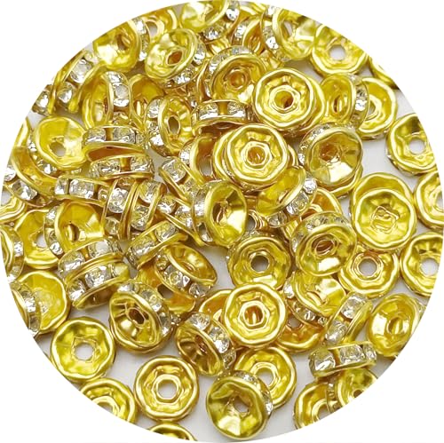 WEstux 100pcs Rondelle Abstandshalterperlen 8 mm runde Kristallbrand Strass versilbert Gold plattiert Abstandshalter Lose Perlen für DIY -Armband Halskette Schmuckzubehör herstellen Vorhanden (Gold) von WEstux