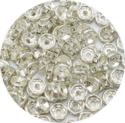 WEstux 100pcs Rondelle Abstandshalterperlen 8 mm runde Kristallbrand Strass versilbert Gold plattiert Abstandshalter Lose Perlen für DIY -Armband Halskette Schmuckzubehör herstellen Vorhanden (Weiß) von WEstux