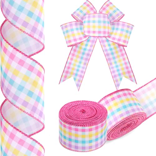 Frühlingsband mit Drahtrand, 20 Meter, Frühlingsmuster, Pastell-Gingham-Muster, buntes Büffelkaro, Stoffband für Geschenkkranz, Schleifen, Basteln, Verpackungen von WGOCAUK