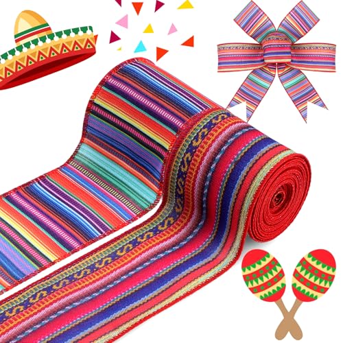 WGOCAUK 2 Rollen 12 Meter Boho Drahtkante Bänder 6,3 cm mexikanische Fiesta Juteband bunt gestreift Serape Geschenkband für mexikanische Party DIY Handwerk Kränze Schleife Dekoration von WGOCAUK