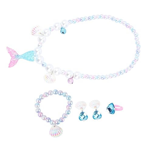 WHAMVOX 1 Satz Perlenkette Armband Kinderarmbänder Zubehör Abs Meerjungfrau-Ring-Ohrringe Halskette Mit Meerjungfrau-anhänger Mädchen Prinzessin Verkleiden Sich -Set Blue Harz von WHAMVOX