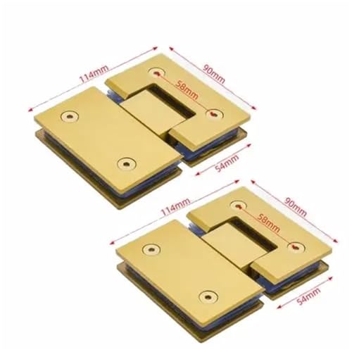 WHARGTSL Gebürstete Goldfarbe, Duschraum-Glastür-Clip-Klemme, Glastürscharnier, doppelte 90-Grad-Glasbeschläge(180 Degree x2) von WHARGTSL