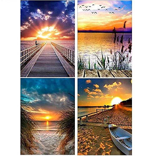 WHATWEARS 4 Stück 5D Diamand Painting Kits für Erwachsene, DIY Diamant Painting Set, Full Drill Diamant Malerei Set, Diamand Painting Bilder für Home Wand Décor(Sonnenuntergang Strand) von WHATWEARS