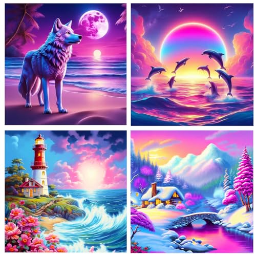 WHATWEARS 4 Stück Diamond Painting Set für Erwachsene, Diamond Painting Bilder Landschaft Tiere, DIY 5D Diamond Malerei für House Wall Dekoration(30x30cm) von WHATWEARS