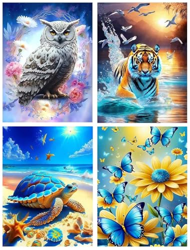 WHATWEARS 4 Stück Diamond Painting Set für Erwachsene, Diamond Painting Bilder Tiere - Eule/Tiger/Schildkröte/Schmetterling, DIY 5D Diamond Malerei für House Wall Dekoration(30x40cm) von WHATWEARS