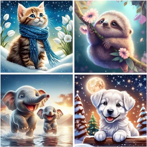 WHATWEARS 4 Stück Diamond Painting Set für Erwachsene, Diamond Painting Bilder Tiere - Katze/Koala/Elefant/Hund, DIY 5D Diamond Malerei für House Wall Dekoration(30x30cm) von WHATWEARS