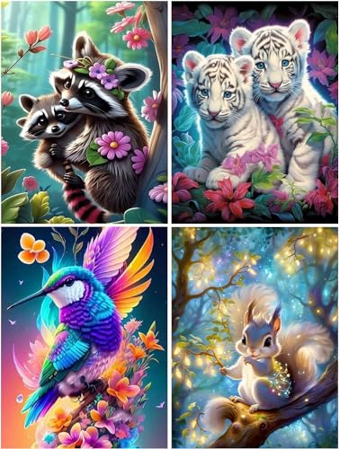 WHATWEARS 4 Stück Diamond Painting Set für Erwachsene, Diamond Painting Bilder Tiere - Waschbär/Tiger/Kolibri/Eichhörnchen, DIY 5D Diamond Malerei für House Wall Dekoration(30x40cm) von WHATWEARS