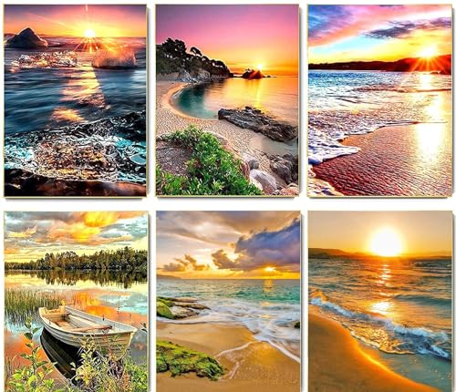 WHATWEARS 6 Stück Diamond Painting Set für Erwachsene, Diamond Painting Bilder Landschaft Sonnenuntergang Strand, DIY 5D Diamond Malerei für House Wall Dekoration(30x40cm) von WHATWEARS