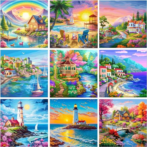 WHATWEARS 9 Stück Diamond Painting Set für Erwachsene, Diamond Painting Bilder Landschaft, DIY 5D Diamond Malerei für House Wall Dekoration(30x30cm) von WHATWEARS