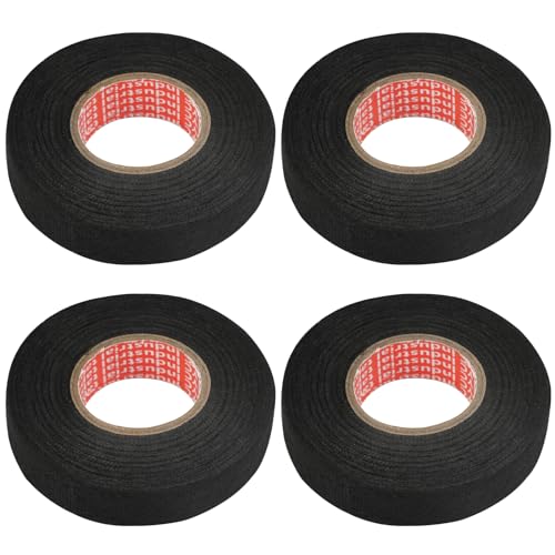 WHC 4 Stück KFZ Gewebeband Schwarz, 19mm x 12m Kabelbaum Klebeband, Hitzebeständig Gewebeband Isolierband Schwarz, Selbstklebend Tuch Gewebeband, Auto Kabelbaum Filzband, für Kabelbäume KFZ Motorrad von WHC