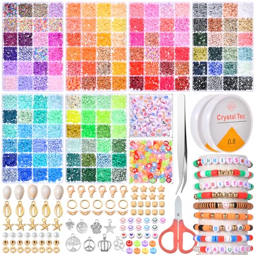 WHEELIO 15000-teiliges Armbandherstellungs-Set, 144 Farben, flache, runde Polymer-Ton-Perlen mit Buchstabenperlen, 6 mm von WHEELIO