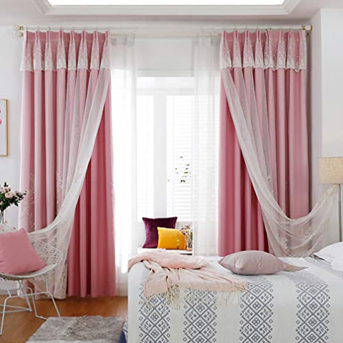 Doppellagiger Verdunkelungsvorhang für Fenster, Spitzenstickerei, durchsichtiges Voile-Vorhang-Set mit Tüllüberzug, Vorhang-Volant für Wohnzimmer, Mädchenschlafzimmer (Rosa, B 100 x H 220 cm) von WHESAZYP