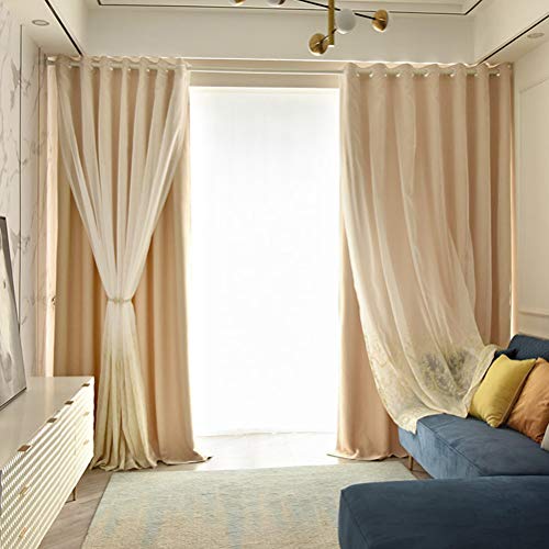 Doppelstöckiger, durchsichtiger Voile-Verdunkelungsvorhang, Tüll-Fenstervorhang, Volant-Panel, Spitzenstickerei-Vorhang für Mädchenschlafzimmer, superweich, Wohnzimmer/Hotel (Khaki, B 220 x H 270 cm) von WHESAZYP