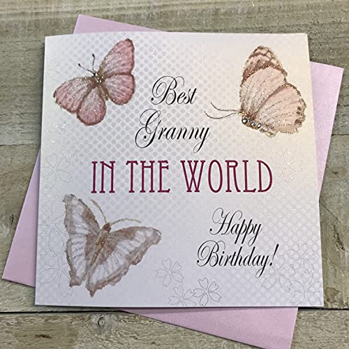 white cotton cards Beste Oma der Welt Happy Birthday, Handgefertigt, Schmetterlinge mit Vintage Town von WHITE COTTON CARDS