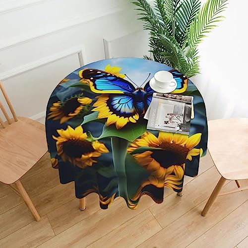 WHJSHOP Runde dekorative Tischdecke, 152,4 cm, schützen und dekorieren Sie Ihren Esstisch, Sonnenblumen-Blau-Schmetterlings-Druck von WHJSHOP