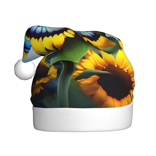 WHJYCC Sonnenblume Blau Schmetterling Klassische Weihnachtsmütze, perfekte Nikolausmütze für Erwachsene, Schneeflockenhut, ideal für Weihnachten, Halloween und Partygeschenke von WHJYCC