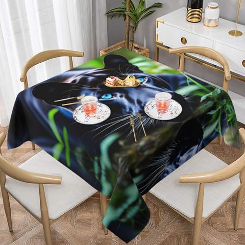 WHJYYXDE Quadratische, wasserdichte Tischdecke, 152,4 x 152,4 cm, weich, wiederverwendbar, zum Dekorieren von Couchtischen, Esstischen, Panther mit blauen Augen von WHJYYXDE