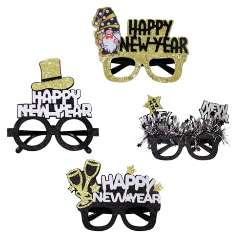 WHKM Brillen "Happy New Year", 5/4 Stück, Schwarz / Gold, für Kinder, Mädchen, Jungen, Party, Foto-Requisiten, Foto-Requisiten von WHKM