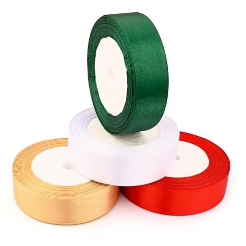 Weihnachtsband, 4 Rollen 91,4 m, Weihnachts-Satinband, Geschenkverpackungsband, doppelseitiges Polyester, solides Satinband, Festival-Satinbänder für Geschenkverpackungen, Weihnachten, Hochzeit, von WHOLGMZY