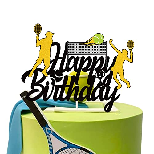 Tennis-Kuchenaufsatz, "Happy Birthday", Tennisspieler, Kuchendekoration, Party-Zubehör, 1 Stück, glitzernd, Schwarz von WHPCT