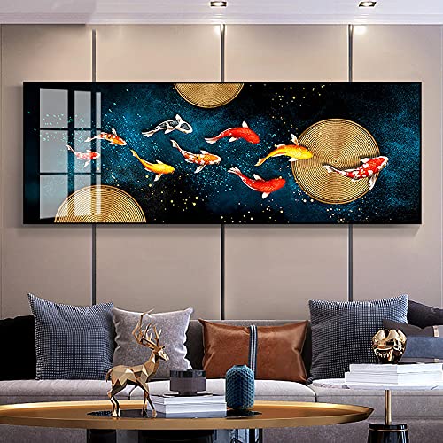WHXT Malerei Auf Leinwand Chinesische Koi Poster Neun Fische Illustration Feng Shui Karpfen Lotus Teich Wandkunst Bild Home Dekorativ 25x75cm（10x30'') Rahmenlos von WHXT