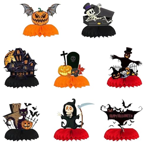 8 Stück Halloween Tischdeko, Halloween Bienenwabe Mittelstück für Tischdekoration Halloween Tabelle Topper Schwarz Orange Happy Halloween Partydeko, Kürbis, Fledermäuse, Geister, Schwarze Katze von WHangXJangYE