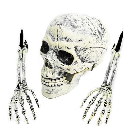 WHangXJangYE Halloween Deko Skelett, Garten Gruselig Totenkopf Set Schädel mit Skelett Hand Realistische Horror Skelett Gruseliger Skeleton für Outdoor Halloween Deko von WHangXJangYE