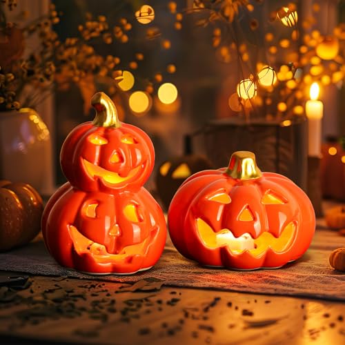 WIAZZLUK 2 Stück Halloween Deko Kürbis, Kürbis Laterne mit Gruseligem Gesicht, Kürbis Deko Halloween Keramik, Halloween Kürbis aus Keramik mit LED Licht für Halloween Deko Party von WIAZZLUK