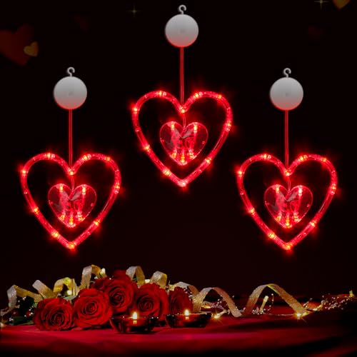 WIAZZLUK 3Pack rote Fensterlichter in Herzform mit Saugnapf, Valentinstag Fenster Lichter Dekorationen, LED Lichterkette Herz Valentinstag-Deko, Batteriebetriebene Romantische Lichter für Valentinstag von WIAZZLUK