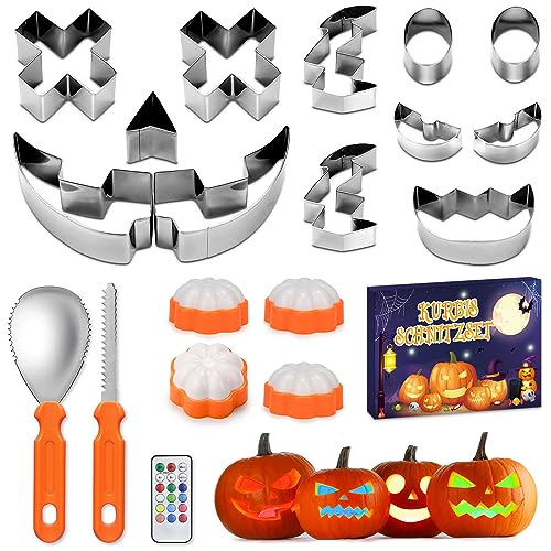 WIAZZLUK Pumpkin Carving Kit und Kürbis Schnitzen Vorlagen, Halloween Kürbisschnitzset, Kürbisschnitzwerkzeug, 4 Pack Halloween Kürbislichter, Kürbisschnitzset Schablonen von WIAZZLUK