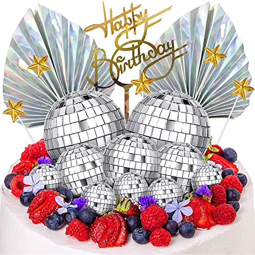 WIDEBG Discokugel Tortendeko Disco Kuchen Deko Spiegelkugel Cake Topper Happy Birthday Cupcake Topper 70er 80er 90er Dekoration Geburtstag Torte Deko Disco Party Kuchendeko Palmblätter 24 Stück von WIDEBG