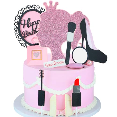 WIDEBG Make Up Tortendeko Mädchen Kuchen Dekoration Lippenstift Kuchendeko Kosmetik Cake Topper Happy Birthday Tort Deko Makeup Cupcake Toppers Brautparty Bachelorette Geburtstag Dekoration von WIDEBG