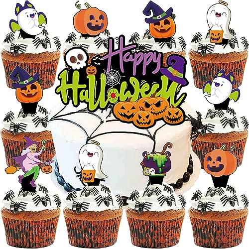 WIDEBG Tortendeko Halloween Kuchen Dekoration Kürbis Cupcake Topper Geister Kuchen Deko Happy Halloween Cake Toppers Hexe Kuchen Topper Halloween Dekoration 100 Stück von WIDEBG