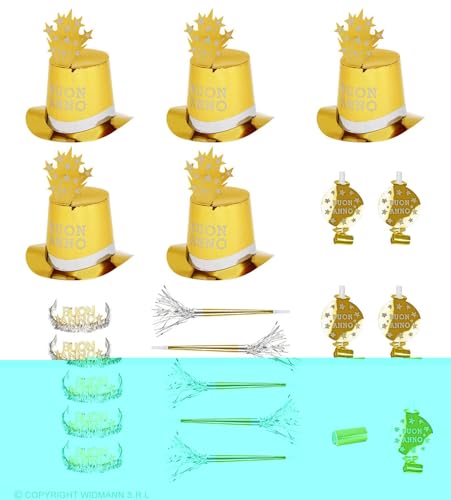 Widmann 8000B- Party-Set Buon Anno, Gold, Set aus 5 Partyhüten, 5 Kronen, 5 Partytrompeten, 5 Tröten und 1 Pack Luftschlangen, Italienisch, Silvester, Hut, Kopfschmuck, Accessoire, Mottoparty von W WIDMANN MILANO Party Fashion