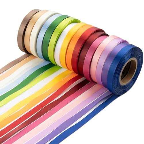 WIESEN.design Geschenkband 16 Farben (23 m x 10 mm per Rolle) - farbecht, wasserbeständig, resistent gegen Ausfransen - Satinband, Schleifenband, Ribbon Band, Stoffband, Bänder zum Basteln, Seidenband von WIESEN.design